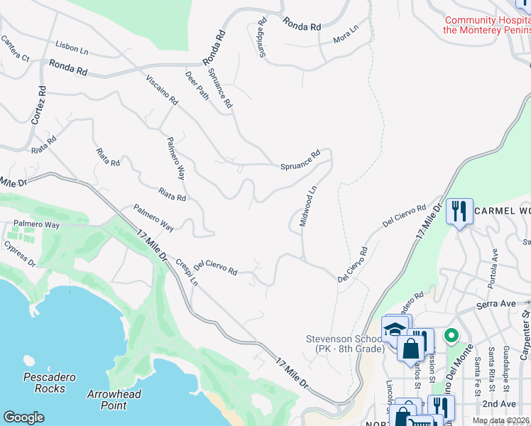 map of restaurants, bars, coffee shops, grocery stores, and more near 1638 Sonado Road in Del Monte Forest