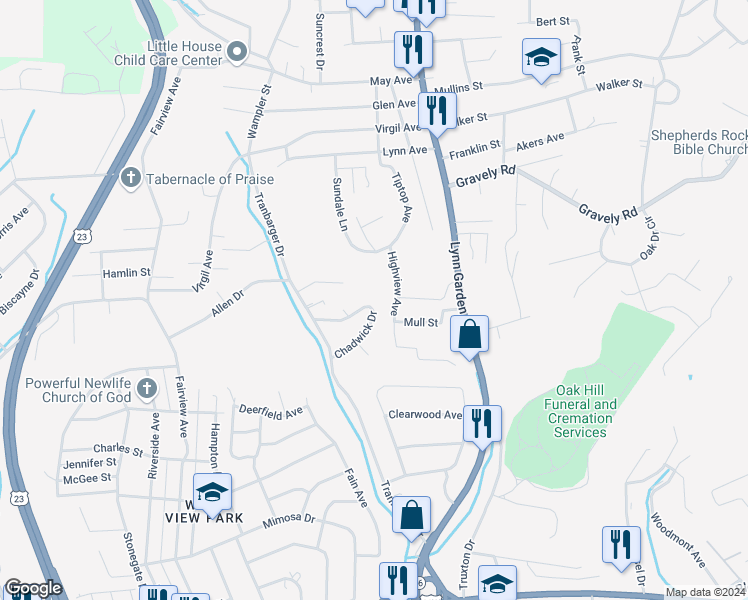 map of restaurants, bars, coffee shops, grocery stores, and more near 1041 Carrington Court in Kingsport