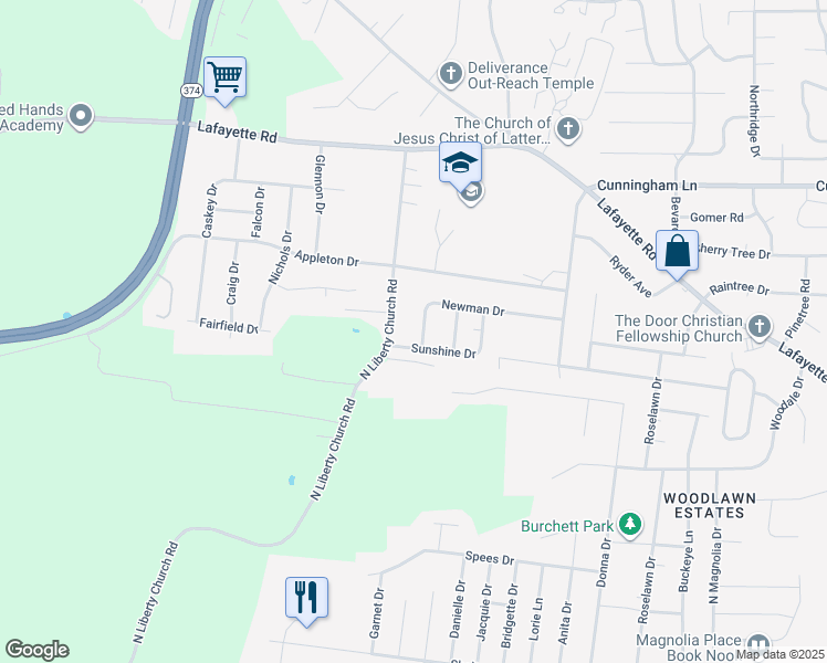 map of restaurants, bars, coffee shops, grocery stores, and more near 441 Newman Drive in Clarksville