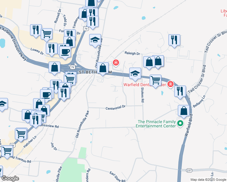 map of restaurants, bars, coffee shops, grocery stores, and more near 250 Winters Court in Clarksville
