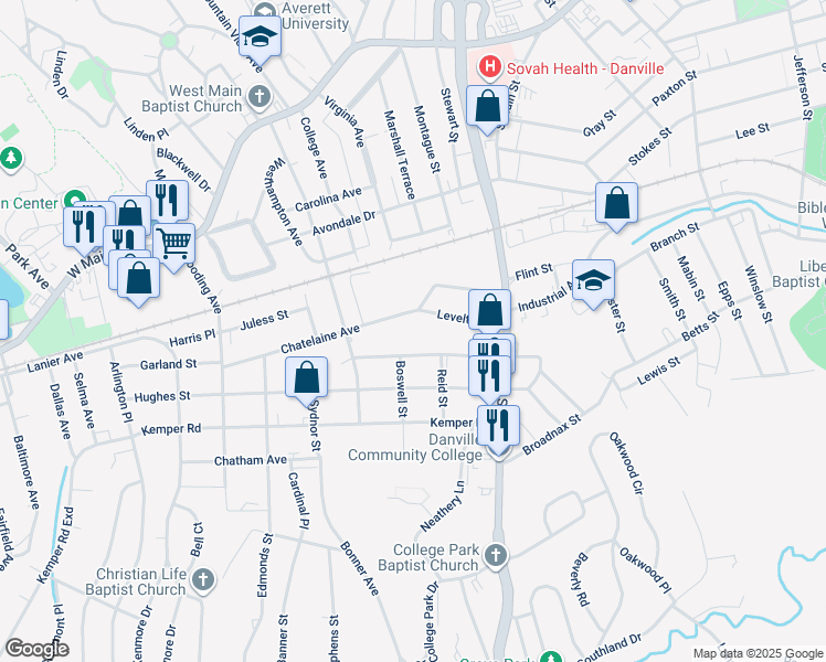 map of restaurants, bars, coffee shops, grocery stores, and more near 147 Levelton Street in Danville