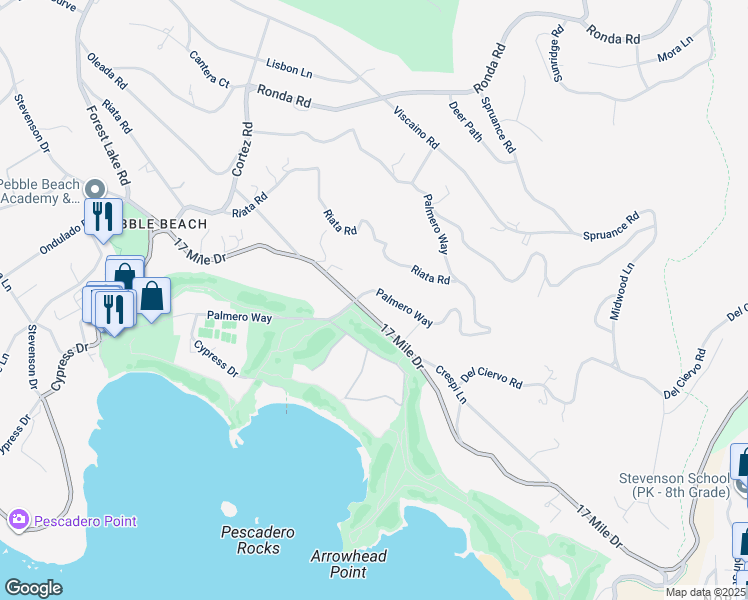 map of restaurants, bars, coffee shops, grocery stores, and more near 3211 Palmero Way in Del Monte Forest