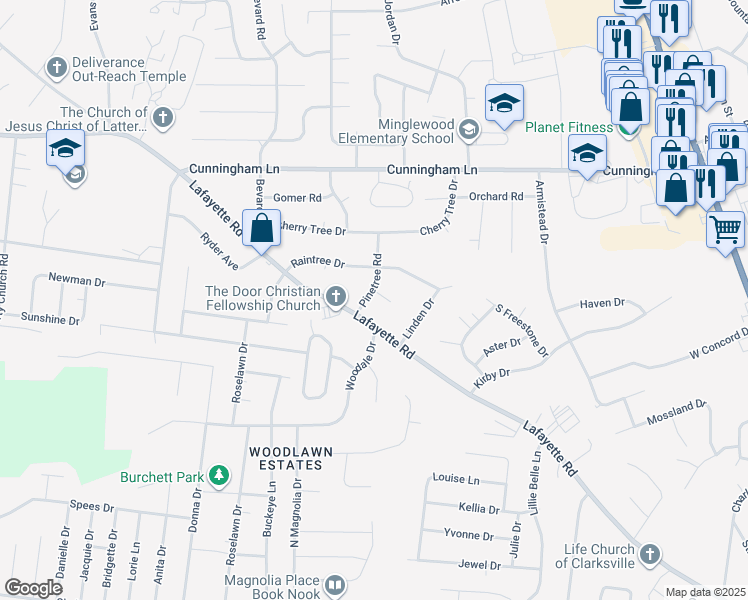 map of restaurants, bars, coffee shops, grocery stores, and more near 206 Hazelnut Court in Clarksville