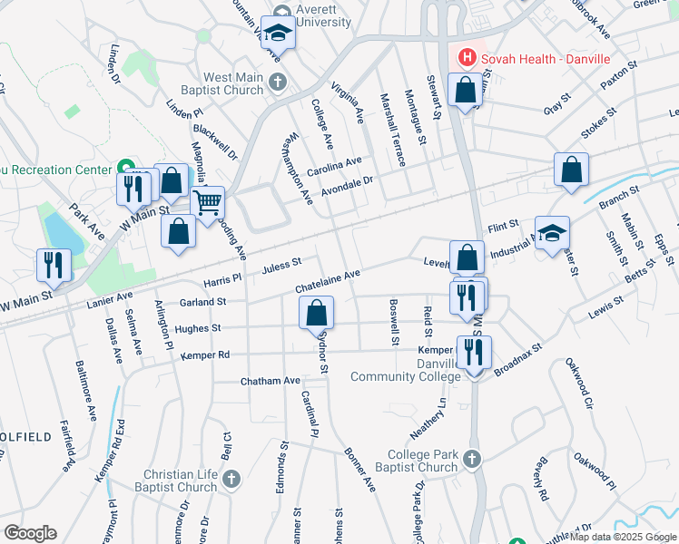 map of restaurants, bars, coffee shops, grocery stores, and more near 306 Chatelaine Avenue in Danville