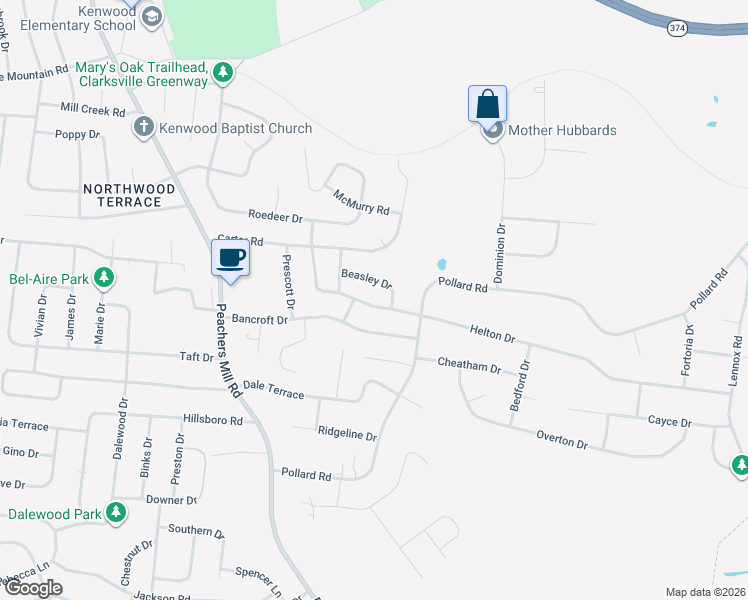 map of restaurants, bars, coffee shops, grocery stores, and more near 429 Helton Drive in Clarksville
