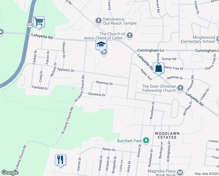 map of restaurants, bars, coffee shops, grocery stores, and more near 1510 Sunshine Dr in Clarksville