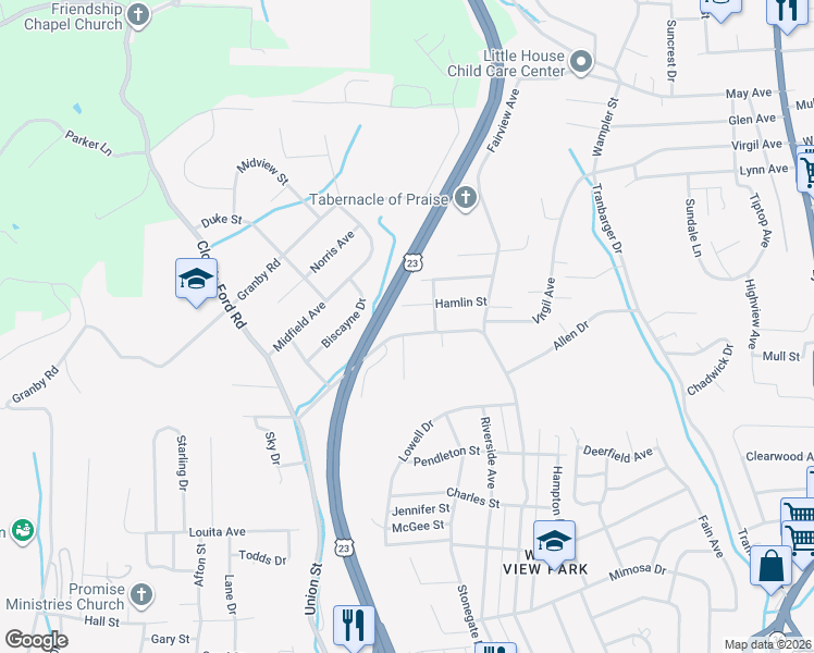 map of restaurants, bars, coffee shops, grocery stores, and more near 711 Virgil Ave in Kingsport
