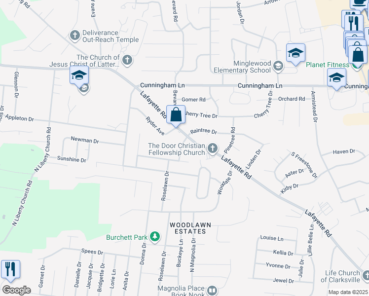 map of restaurants, bars, coffee shops, grocery stores, and more near 405 Judy Lynn Drive in Clarksville