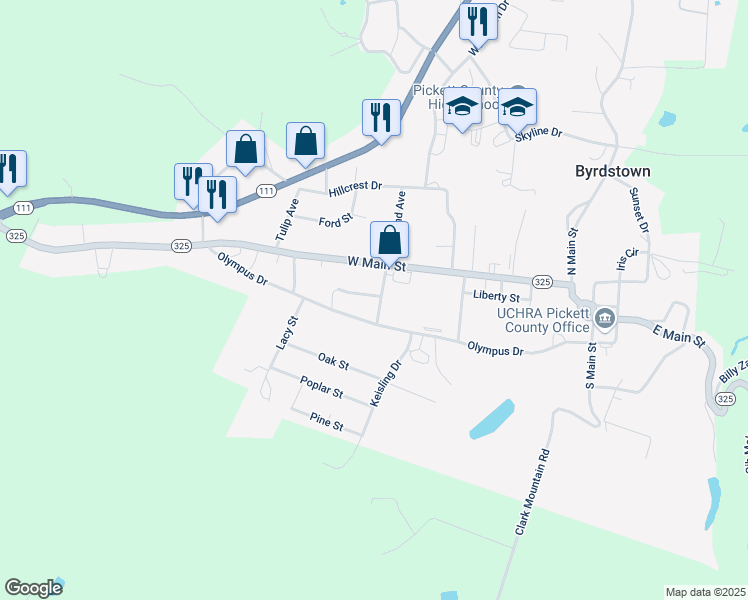 map of restaurants, bars, coffee shops, grocery stores, and more near 500 Crestwood Avenue in Byrdstown