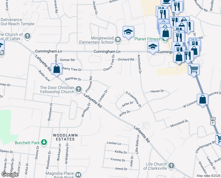 map of restaurants, bars, coffee shops, grocery stores, and more near 1515 Linden Drive in Clarksville
