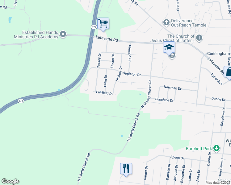 map of restaurants, bars, coffee shops, grocery stores, and more near 1485 Nichols Drive in Clarksville