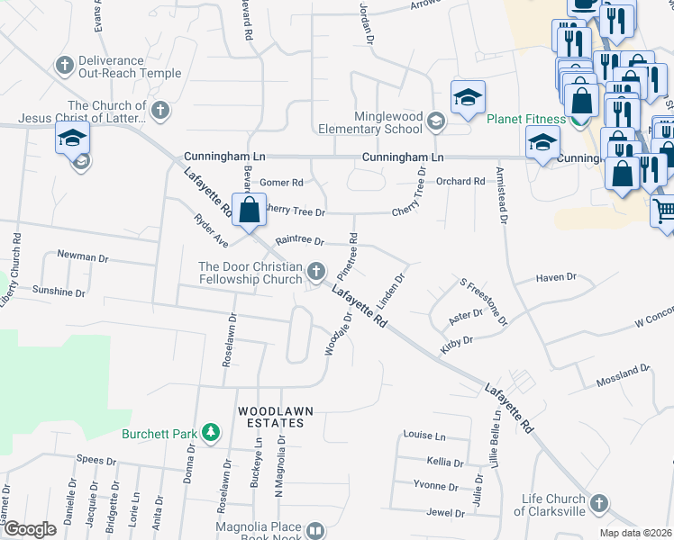 map of restaurants, bars, coffee shops, grocery stores, and more near 206 Hazelnut Court in Clarksville