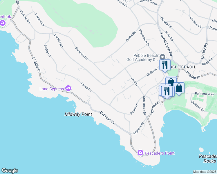 map of restaurants, bars, coffee shops, grocery stores, and more near 1298 Portola Road in Del Monte Forest