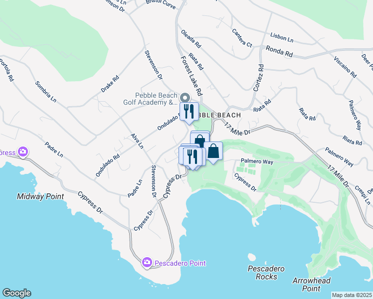 map of restaurants, bars, coffee shops, grocery stores, and more near 3301 17 Mile Drive in Del Monte Forest