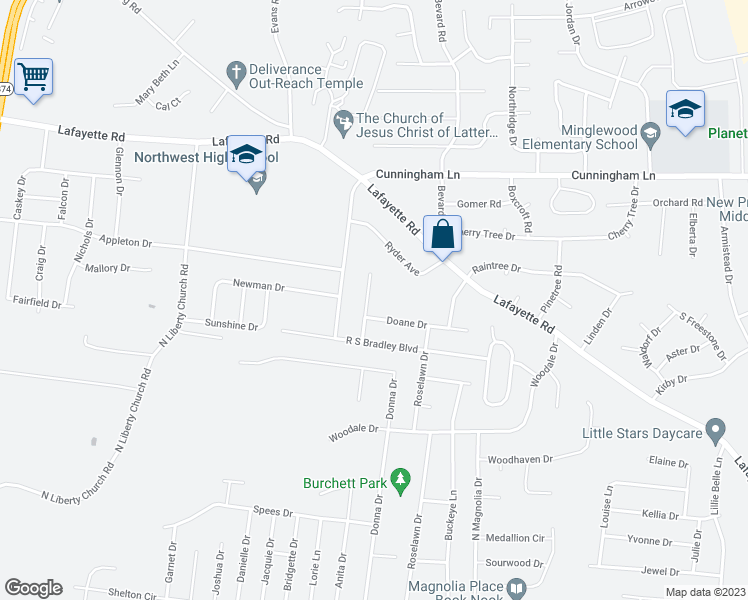 map of restaurants, bars, coffee shops, grocery stores, and more near 423 Cook Drive in Clarksville