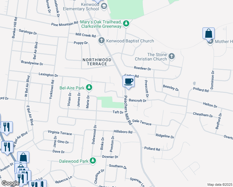 map of restaurants, bars, coffee shops, grocery stores, and more near 830 Peachers Mill Road in Clarksville