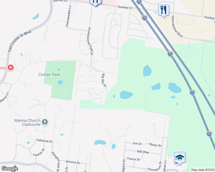 map of restaurants, bars, coffee shops, grocery stores, and more near 974 Big Sky Drive in Clarksville