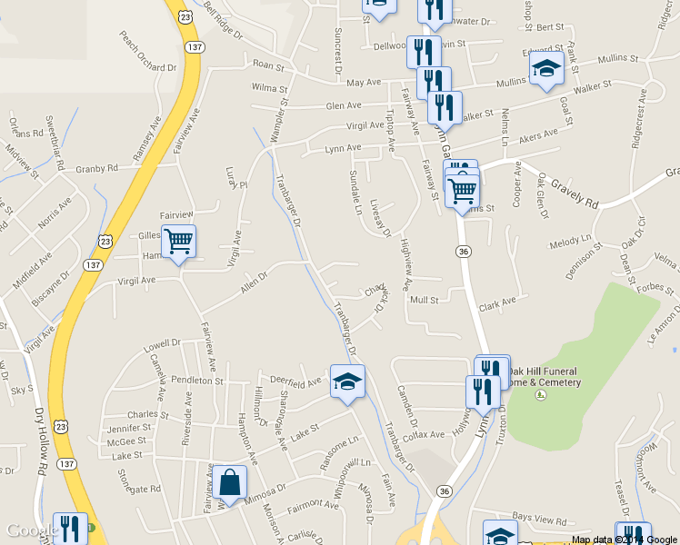 map of restaurants, bars, coffee shops, grocery stores, and more near 1021 Carrington Ct in Kingsport