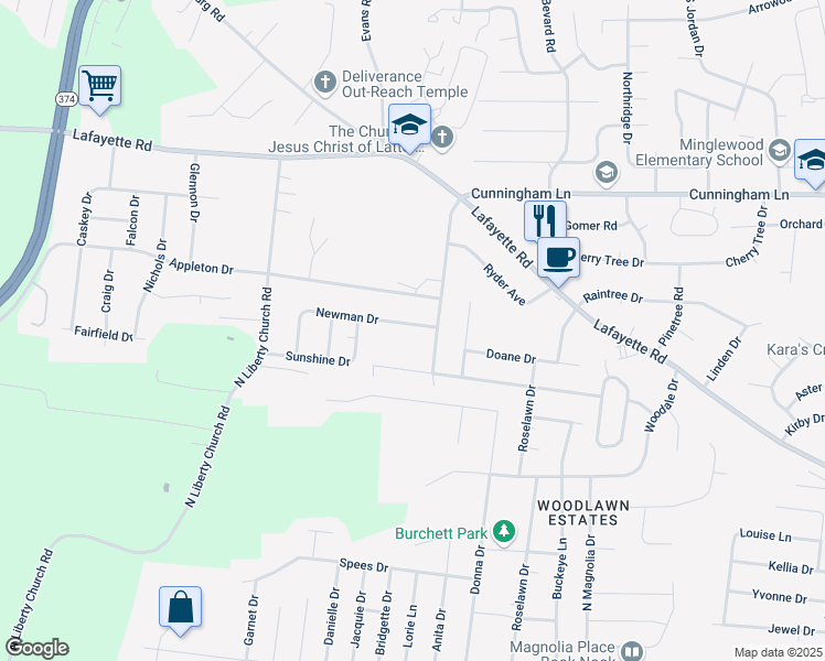 map of restaurants, bars, coffee shops, grocery stores, and more near 404 Newman Drive in Clarksville