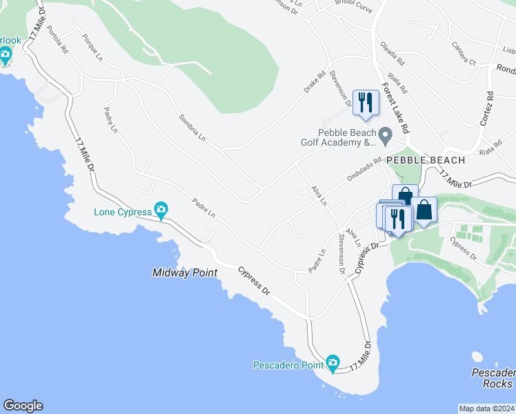 map of restaurants, bars, coffee shops, grocery stores, and more near 1298 Portola Road in Del Monte Forest