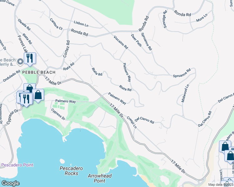 map of restaurants, bars, coffee shops, grocery stores, and more near 3200 Palmero Way in Del Monte Forest