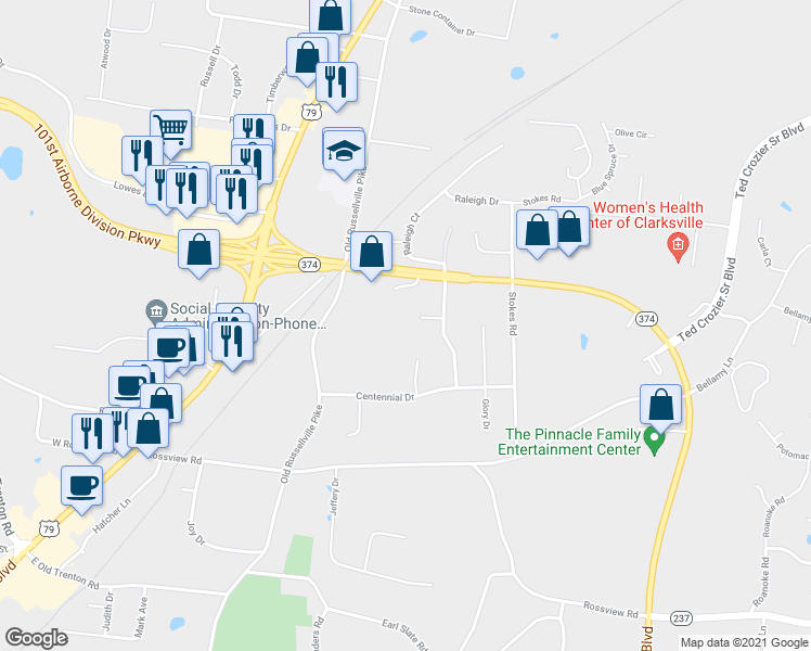 map of restaurants, bars, coffee shops, grocery stores, and more near 260 Winters Court in Clarksville