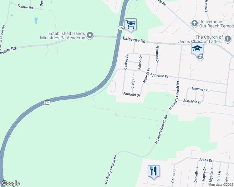 map of restaurants, bars, coffee shops, grocery stores, and more near 608 Fairfield Drive in Clarksville