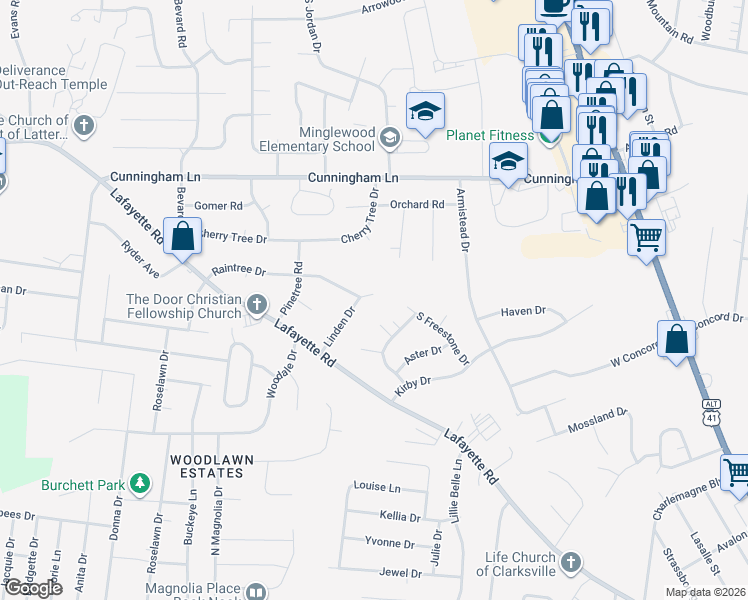 map of restaurants, bars, coffee shops, grocery stores, and more near 1515 Linden Drive in Clarksville