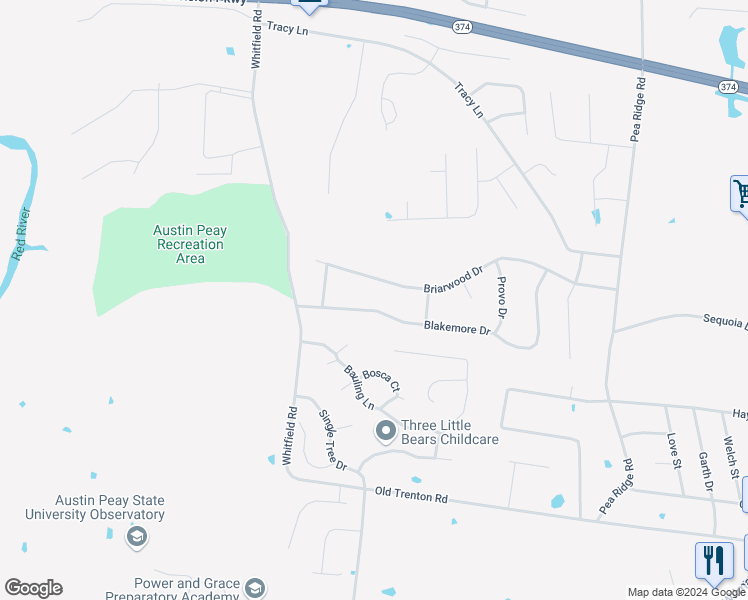 map of restaurants, bars, coffee shops, grocery stores, and more near 2168 Blakemore Drive in Clarksville