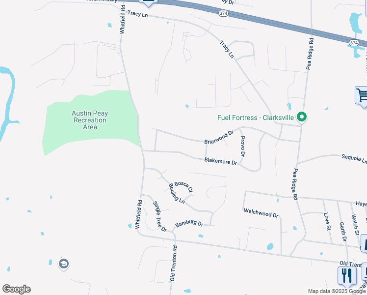 map of restaurants, bars, coffee shops, grocery stores, and more near 2168 Blakemore Drive in Clarksville