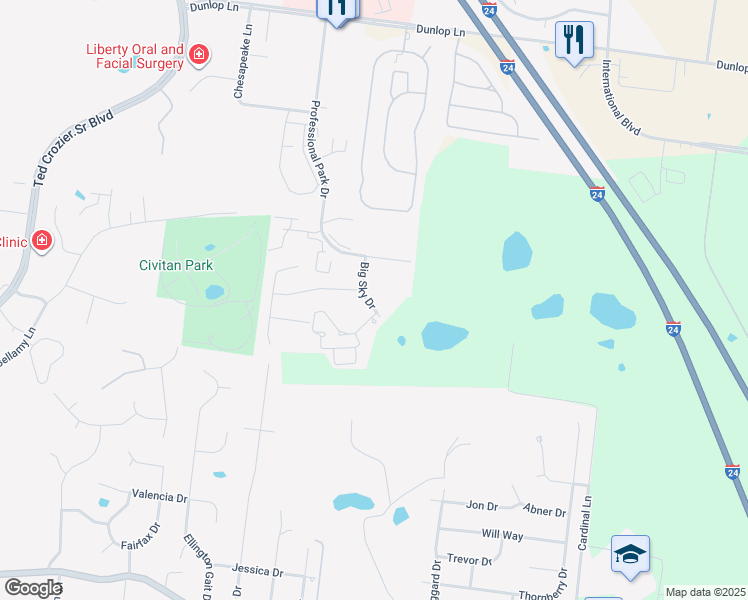 map of restaurants, bars, coffee shops, grocery stores, and more near 975 Big Sky Drive in Clarksville