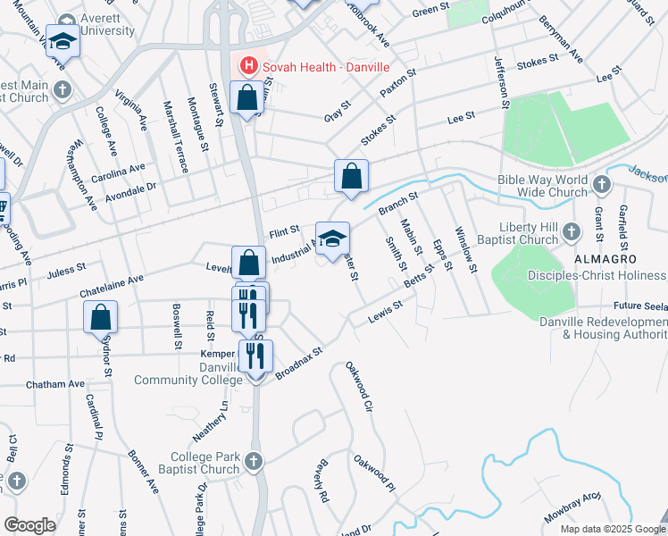 map of restaurants, bars, coffee shops, grocery stores, and more near 1215 Industrial Avenue in Danville