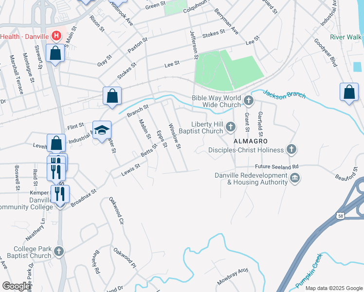map of restaurants, bars, coffee shops, grocery stores, and more near 200-298 Winslow St in Danville