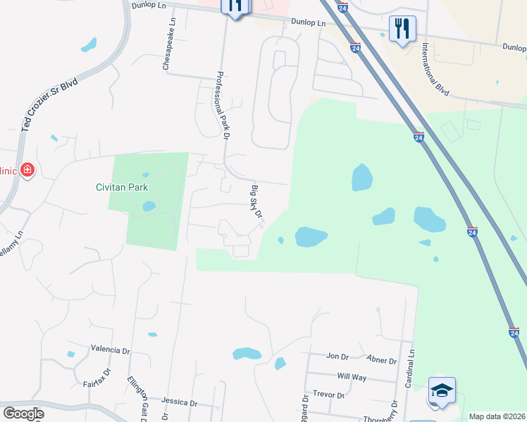 map of restaurants, bars, coffee shops, grocery stores, and more near 974 Big Sky Drive in Clarksville