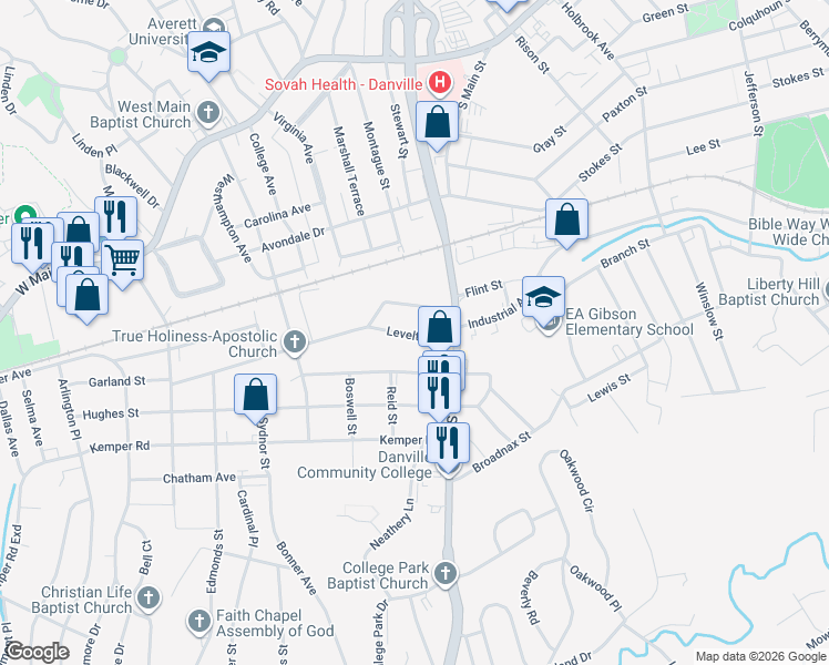 map of restaurants, bars, coffee shops, grocery stores, and more near 136 Levelton Street in Danville