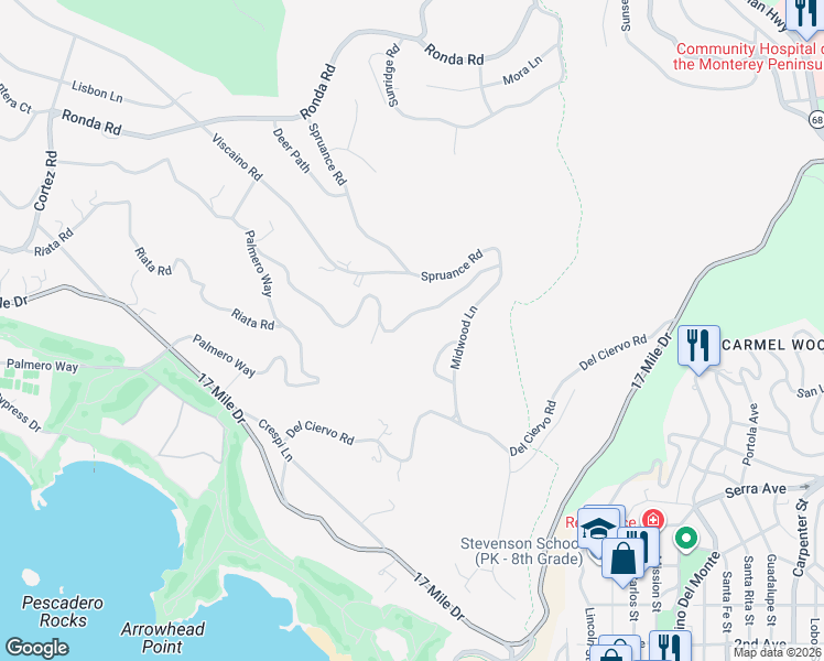 map of restaurants, bars, coffee shops, grocery stores, and more near 1638 Sonado Road in Del Monte Forest