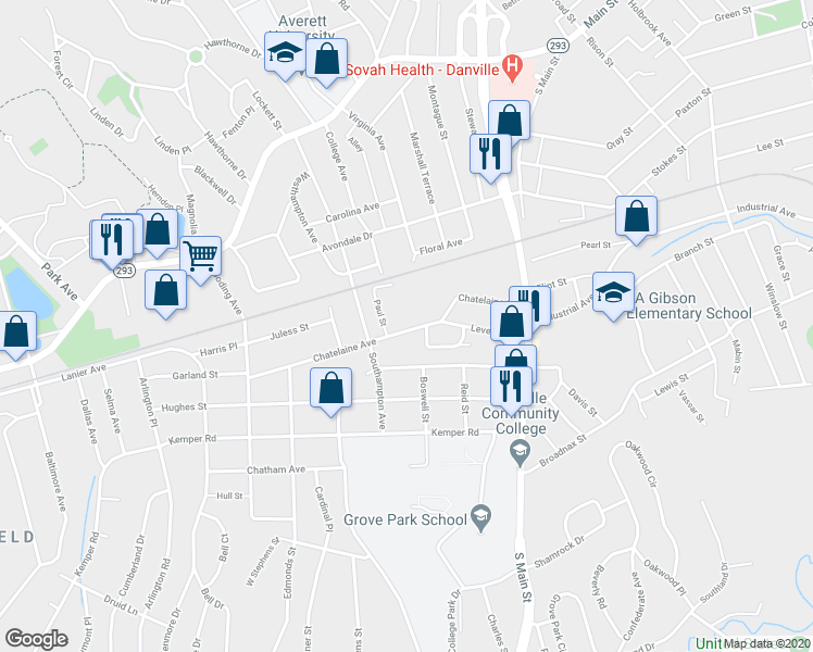 map of restaurants, bars, coffee shops, grocery stores, and more near 222 Chatelaine Avenue in Danville