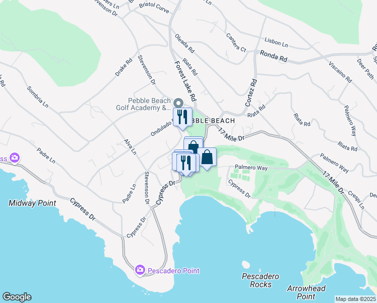 map of restaurants, bars, coffee shops, grocery stores, and more near 3301 17 Mile Drive in Del Monte Forest