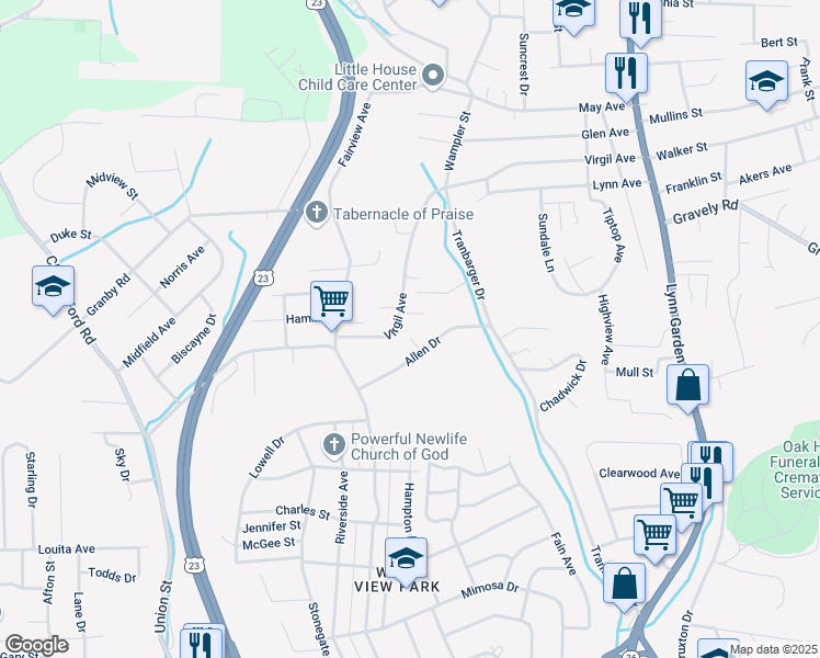 map of restaurants, bars, coffee shops, grocery stores, and more near 450 Allen Drive in Kingsport