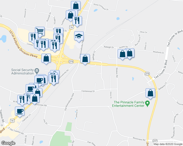 map of restaurants, bars, coffee shops, grocery stores, and more near 260 Winters Court in Clarksville