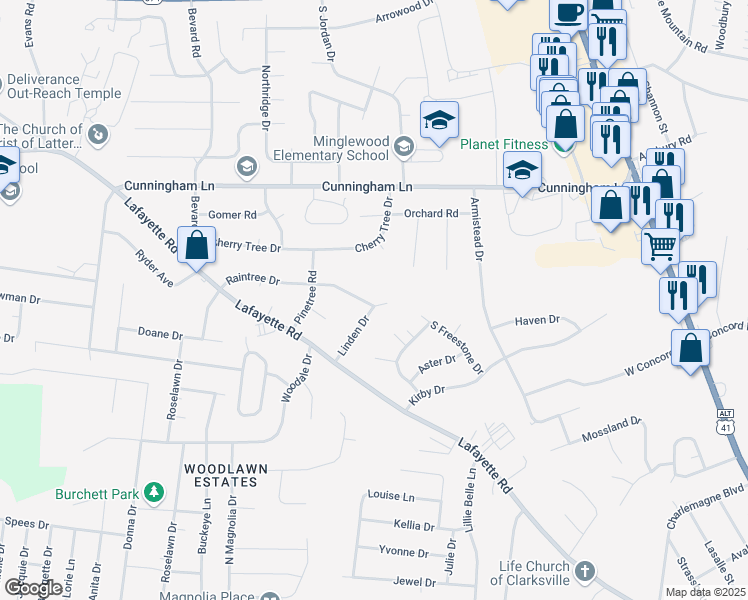 map of restaurants, bars, coffee shops, grocery stores, and more near 219 Raintree Drive in Clarksville