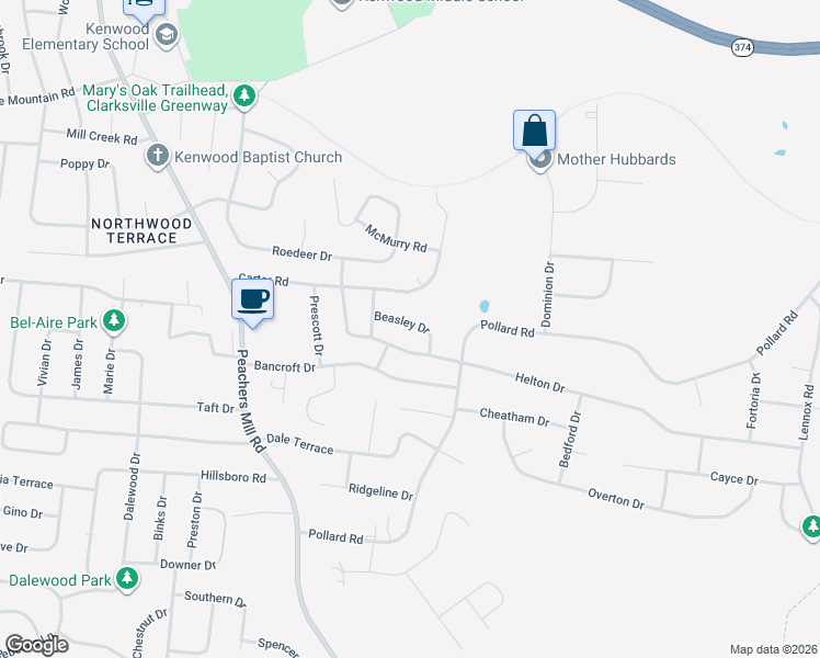 map of restaurants, bars, coffee shops, grocery stores, and more near 429 Helton Drive in Clarksville