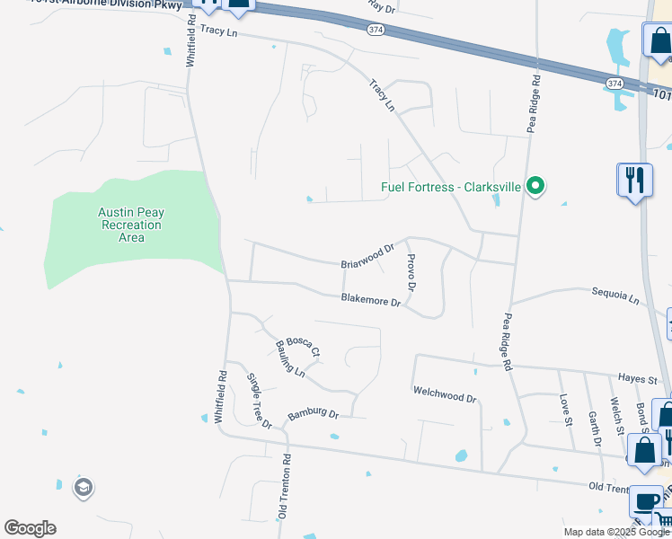 map of restaurants, bars, coffee shops, grocery stores, and more near 2178 Blakemore Drive in Clarksville