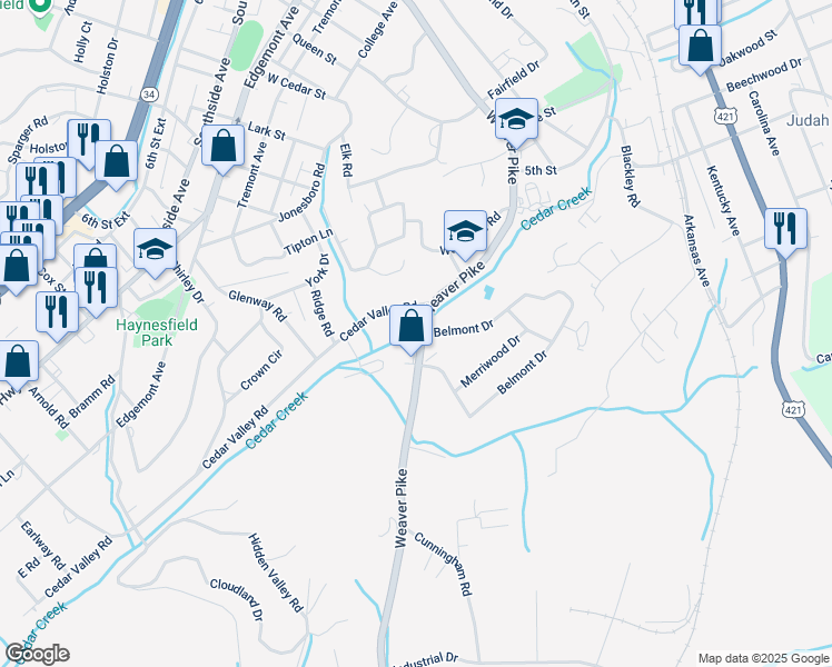 map of restaurants, bars, coffee shops, grocery stores, and more near 1720 Weaver Pike in Bristol