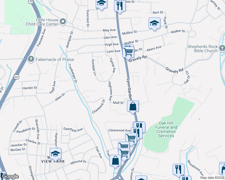 map of restaurants, bars, coffee shops, grocery stores, and more near 301 Highview Avenue in Kingsport