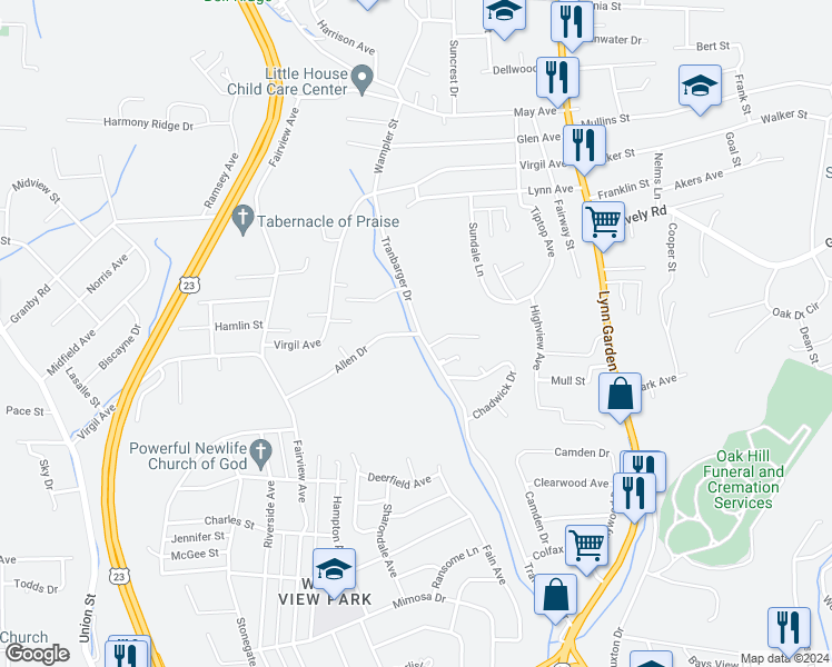 map of restaurants, bars, coffee shops, grocery stores, and more near 1200 Tranbarger Drive in Kingsport