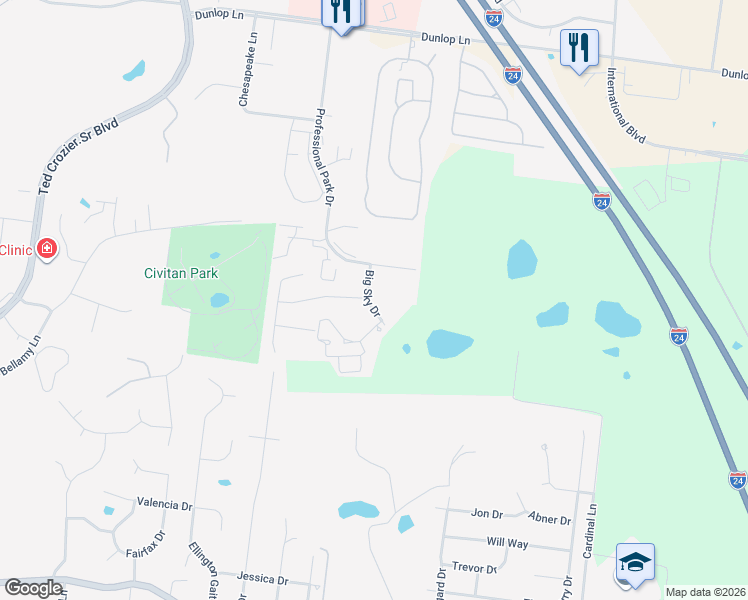 map of restaurants, bars, coffee shops, grocery stores, and more near 985 Big Sky Drive in Clarksville