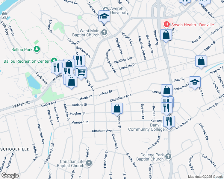 map of restaurants, bars, coffee shops, grocery stores, and more near 342 Juless Street in Danville