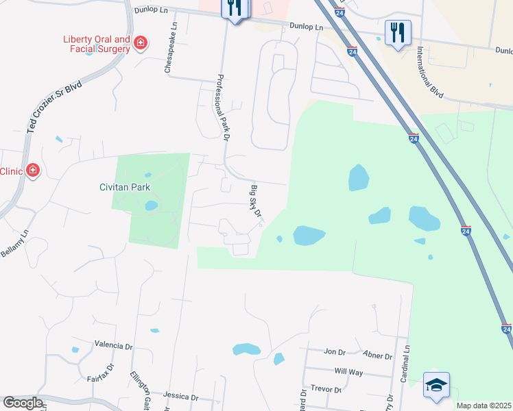 map of restaurants, bars, coffee shops, grocery stores, and more near 985 Big Sky Drive in Clarksville