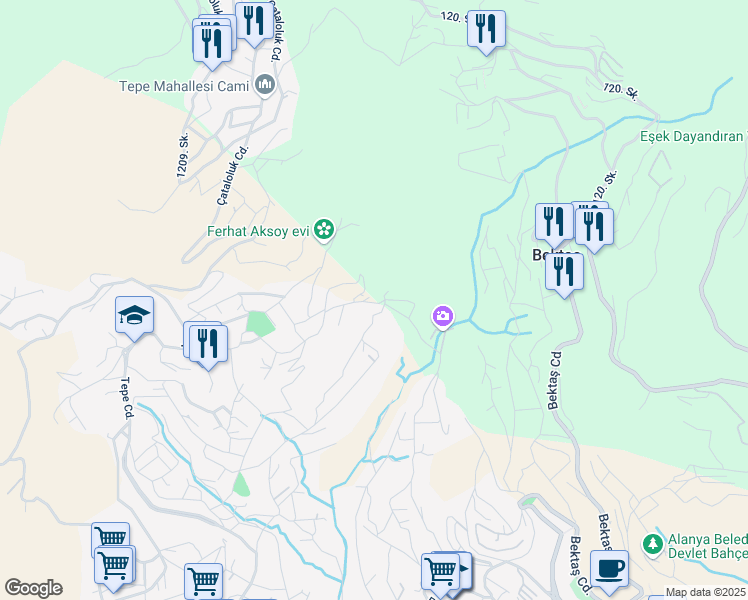 map of restaurants, bars, coffee shops, grocery stores, and more near 84 Benliler Sokak in Alanya